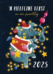 Vrolijke kerstkaart met olifant en kerstlichtjes