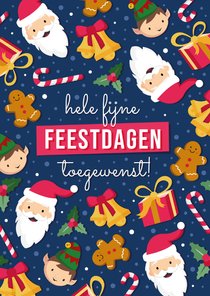 Vrolijke kerstkaart met patroon van leuke kerst figuurtjes 