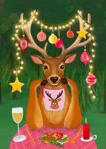 Vrolijke kerstkaart met rendier aan tafel