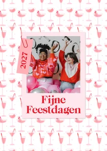 Vrolijke kerstkaart met roze cocktails en foto enkel