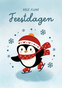 Vrolijke kerstkaart met schaatsende pinguïn en sneeuwvlokken