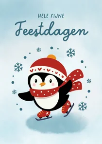 Vrolijke kerstkaart met schaatsende pinguïn en sneeuwvlokken