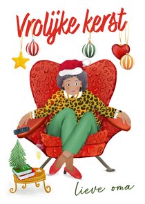 Vrolijke kerstkaart van oma in haar relaxstoel