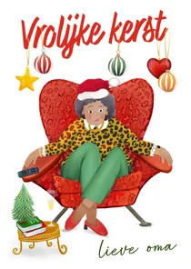 Vrolijke kerstkaart van oma in haar relaxstoel