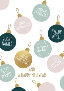 Vrolijke kerstkaarten 2027 kerstballen verschillende talen