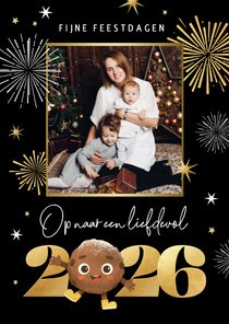 Vrolijke nieuwjaarskaart foto oliebol 2026 vuurwerk