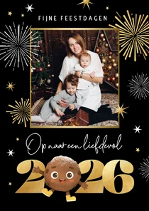 Vrolijke nieuwjaarskaart foto oliebol 2026 vuurwerk