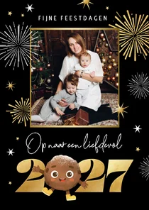 Vrolijke nieuwjaarskaart foto oliebol 2027 vuurwerk