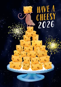 Vrolijke nieuwjaarskaart met kaasblokjes en een muis