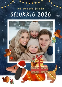 Vrolijke nieuwjaarskaart met teckel en roodborstjes en foto