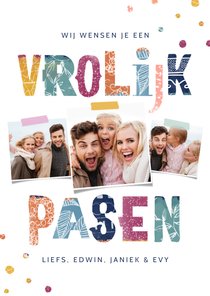 Vrolijke paaskaart kleurrijk typografisch fotocollage