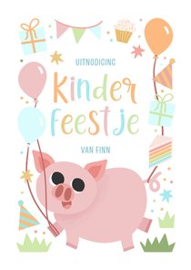 Vrolijke uitnodiging kinderfeestje met feestvarken