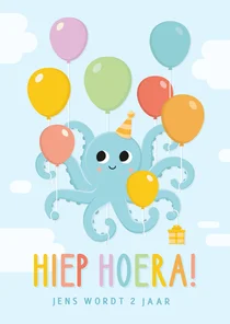 Vrolijke uitnodiging kinderfeestje met octopus met ballonnen