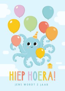 Vrolijke uitnodiging kinderfeestje met octopus met ballonnen