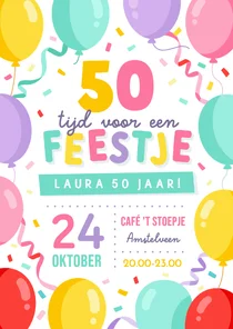 Vrolijke uitnodiging verjaardagsfeest 50 jaar met ballonnen