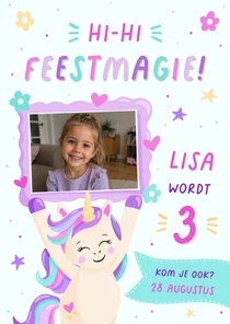 Vrolijke unicorn uitnodiging voor een verjaardag