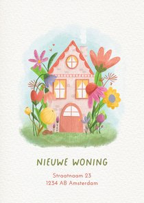 Vrolijke verhuiskaart met huis en kleurrijke bloem