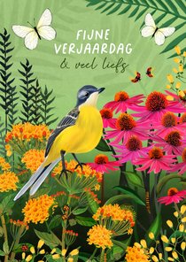 Vrolijke verjaardagkaart met vogel en vlinders
