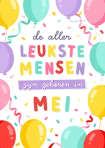 Vrolijke verjaardagskaart jarig in mei met ballonnen