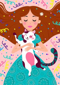 Vrolijke verjaardagskaart met een meisje met kat en confetti