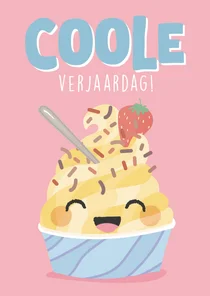 Vrolijke verjaardagskaart met illustratie van een bakje ijs