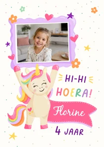 Vrolijke verjaardagskaart voor meisje met unicorn en foto