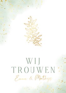 Waterverf trouwkaart groen met goudfolie takje