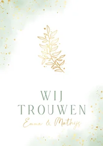 Waterverf trouwkaart groen met goudfolie takje