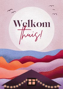 Welkom thuis kaart met huis in landschap