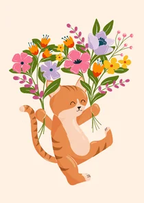 Wenskaart dansende kat met boeket bloemen