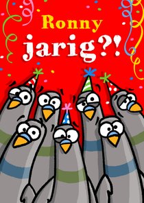 Wenskaart duiven kijken verbaasd: Jarig?!