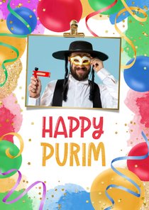 Wenskaart happy purim Joods feest confetti fotokaart