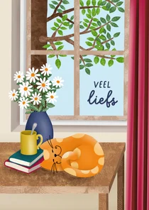 Wenskaart kat slaapt voor het raam