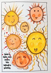 Wenskaart met 6 vrolijke zonnetjes