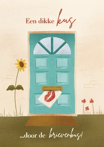 Wenskaart met deur en kaart met kus door de brievenbus