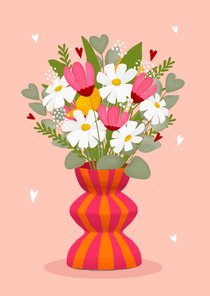 Wenskaart met mooi boeket bloemen in moderne vaas