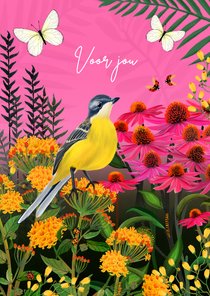 Wenskaart met vogel, vlinders en lieveheersbeestjes