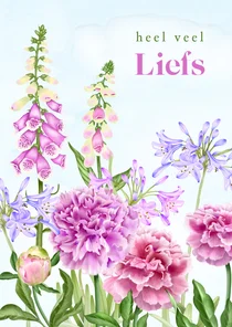 Wenskaart met zomerbloemen lila en roze