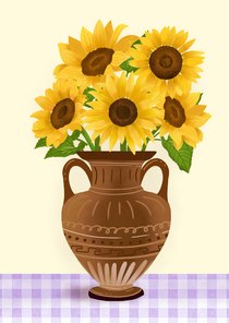 Wenskaart met zonnebloemen in vaas