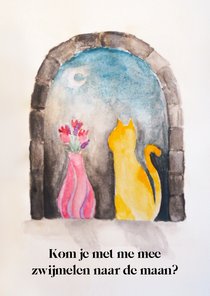 Wenskaart poes zwijmelt naar de maan