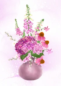 Wenskaart vaas met roze zomerbloemen