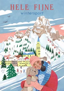 Wenskaart wintersport bergen hond illustratie