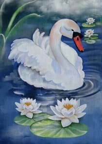 Wenskaart witte zwaan met waterlelies