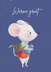 Winterkaart met lieve muis en fruitmand