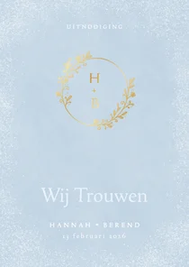 Winterse trouwkaart in lichtblauw met ornament en initialen