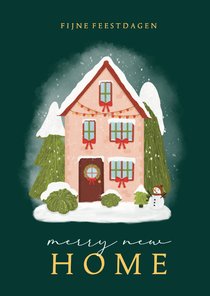 Winterse verhuiskaart met huis kerstbomen en sneeuw