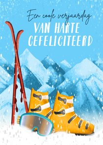 Winterse verjaardagskaart met skis en skischoenen