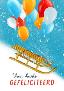 Winterse verjaardagskaart met slee en ballonnen