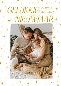 Witte nieuwjaarskaart met grote foto en sterren