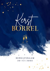 Zakelijke kerstborrel uitnodiging blauw waterverf goudlook